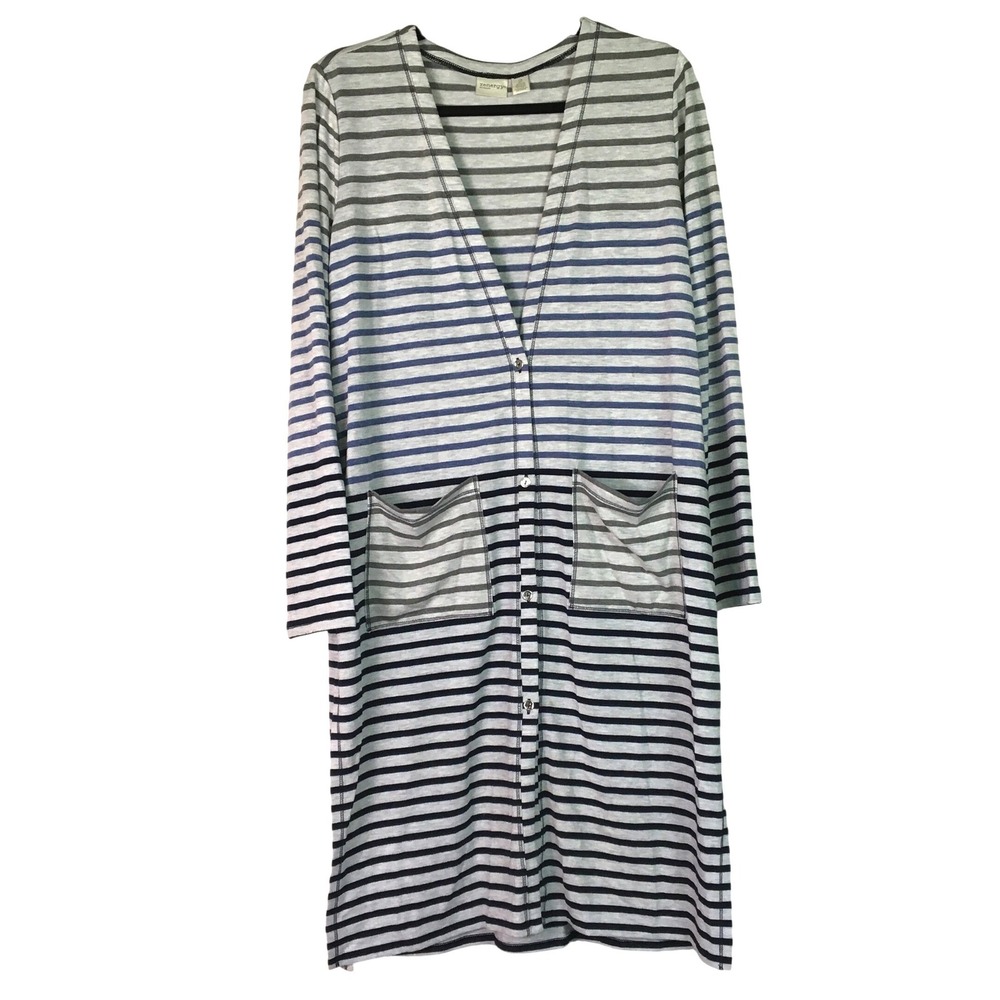 Zenergy by Chico's Radley Striped Longline Button Front Cardigan 2 Grey Blue
